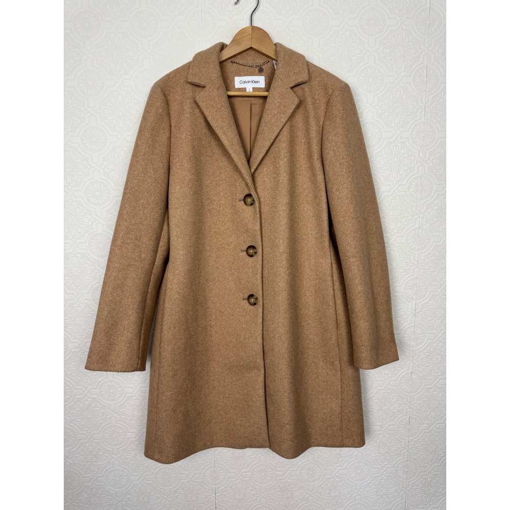 Calvin Klein Camel Tan Three Button Walker Coat Pea Coat Large
